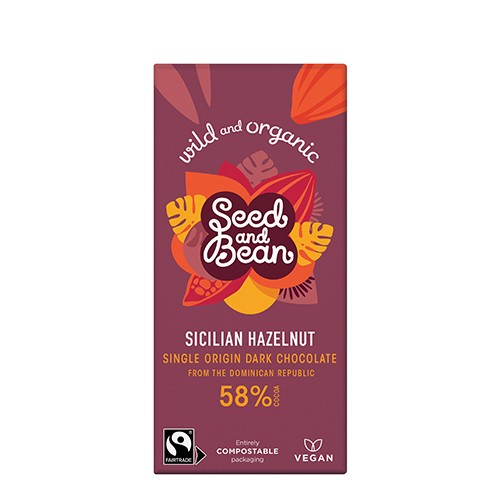 Mørk Chokolade 58% Hasselnød   økologisk    75 Gram     fra Seed & Bean
