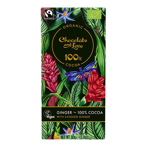 Chokolade 100% Kakao Med Kandiseret Ingefær   økologisk    80 Gram fra Chocolate And Love