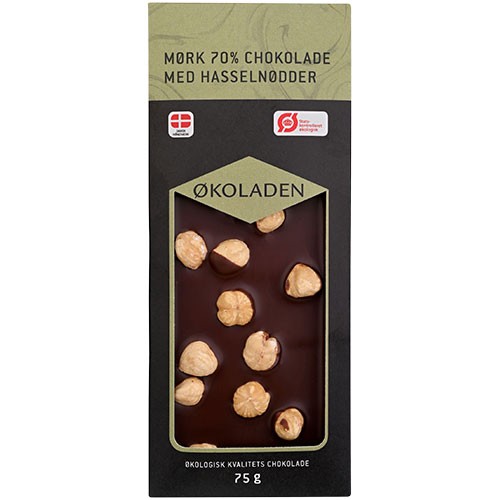Mørk 70 % Chokolade M. Hasselnødder   økologisk    75 Gram fra økoladen